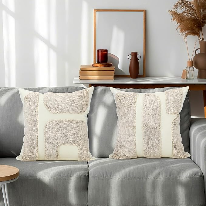 Oudain 2 Pcs Black and White Tufted Pillow Covers Boho Chunky Geometric Decorative Throw Pillow Case 18 x 18 Inches Abstract Pillowcases for Bed Couch(White Cream, Classic Style)