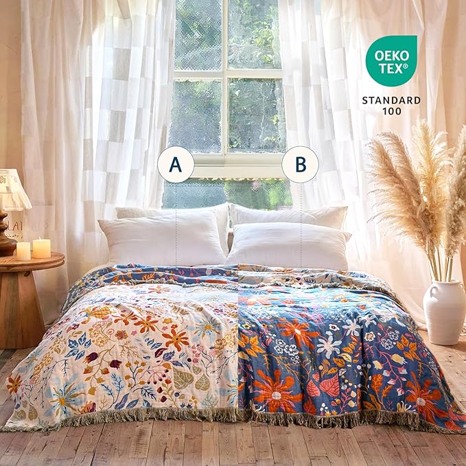 Boho Throw Blanket - 100% Cotton Throw Blankets for Bed Couch, 50"x60" Soft Muslin Lightweight Spring Throw Blanket, Cozy Floral Butterfly Printed Bohemain Bedding Decor Beige Throw Quilt
