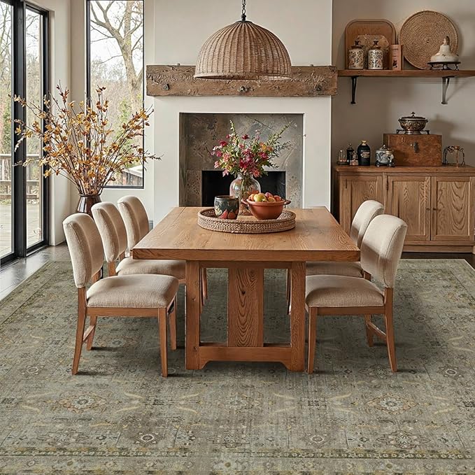 8x10 Area Rugs for Living Room Bedroom, Large Washable Rug, Vintage Floral Boho Rug, Non Slip & Low Pile Faux Wool Thin Carpet for Indoor Dining Room and Kids Room(Olive Brown 8x10ft)