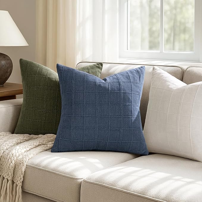 Woaboy Linen Check Throw Pillow Covers Set of 2 - Blue Farmhouse Modern Boho Vintage Euro Decorative Cushion Covers for Sofa Couch Bedroom Living Room Decor 24x24 Inch