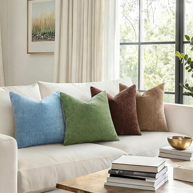 decorUhome Chenille Brown Spring Throw Pillow Covers 16x16 Inch Set of 2, Decorative Soft Couch Pillow Covers Solid Dyed Accent Farmhouse Neutral Square Pillow Cases for Sofa