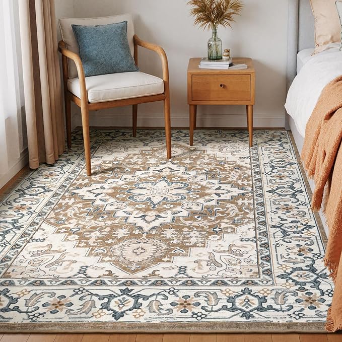 Lessymo 5x8 Area Rug for Living Room - Machine Washable Area Rugs, Super Soft Faux-Wool Area Rugs for Bedroom Kitchen, Boho Rug Vintage Floral Non-Slip Low Pile, Brown Beige