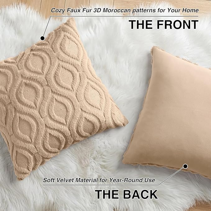 decorUhome Cozy Textured Throw Pillow Covers 16x16 Inch Set of 2, Soft Plush Faux Wool Light Khaki Accent Couch Pillow Covers for Modern Farmhouse Sofa Bed Living Room
