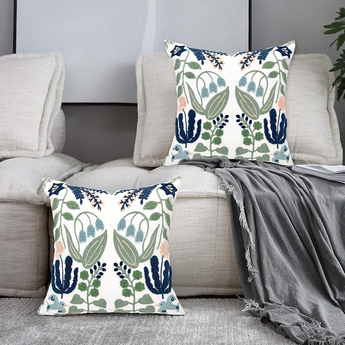 Alysheer Floral Embroidered Spring Decorative Throw Pillow Covers 20"x 20" Set of 2, Farmhouse Cottage Navy Blue Green Flowers Leaves Knit Pattern Cotton Canvas Cushion Case for Couch Bed Living Room