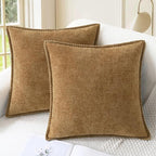 CaliTime Throw Pillow Covers Decorative 24 X 24 Inches Pack of 2 Cotton Thread Stitching Edges Solid Dyed Soft Chenille Cushion Cases for Couch Sofa Bed Living Room Farmhouse Apricot Brown