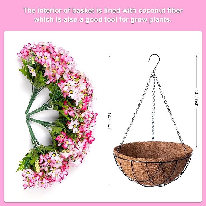 Artificial Silk Flowers Hanging Baskets Outdoors Indoors,Chrysanthemum with Eucalyptus Leaves Arrangement for Garden Yard Spring Summer Decor,Faux Plant in Metal Coconut Lining Flowerpot(Pink)