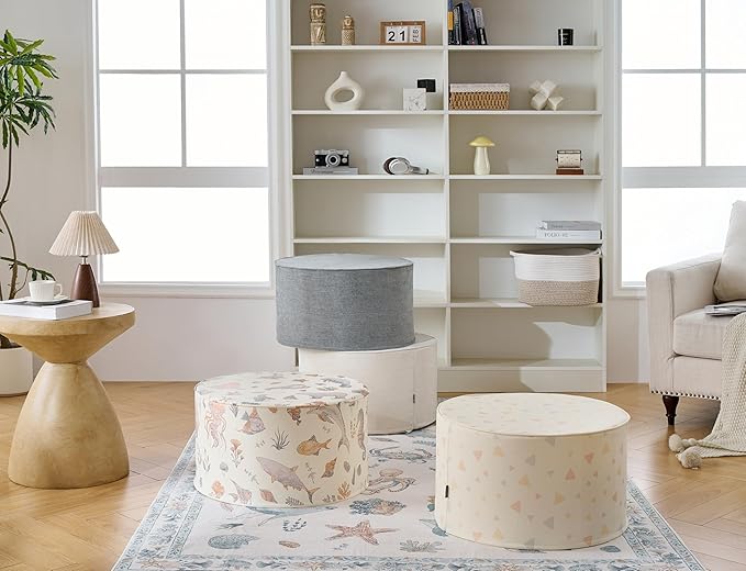 Large 22" Sturdy Ottoman Pouf for Living Room, Bedroom, Playroom, High Density Foam Filling Footrest, Side Table, Extra Seating Home College Dorm Décor Extra Firm (Beige)