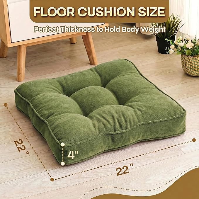 Floor Pillow Set of 2, Memory Foam Floor Cushions for Adults, Large Meditation Pillow for Sitting, 22 x 22 Inches (Square | Green)