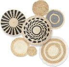 7PCS Boho Wall Baskets Set, Boho Wall Decor, Round Handmade Seagrass Rattan Wicker Wall Art Room Decor Hanging Wall Basket Decor for Farmhouse Living Room Bedroom Display Table Kitchen Home (Black)
