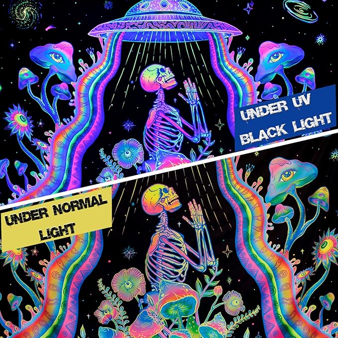 Galoker Blacklight Skeleton Tapestry Neon Mushroom Floral Tapestries UV Reactive Alien UFO Tapestry Galaxy Space Tapestries Wall Hanging for Home Decor(H59.1×W78.7 inches)