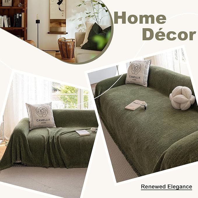 ROOMLIFE Green Sofa Cover, Vintage Boho Couch Cover for 3 Cushion Sofa, Non Slip Soft Chenille Sofa Slipcovers for Dog, Washable Furniture Sofa Protector Cover with Tassel for Living Room, 71''X150”