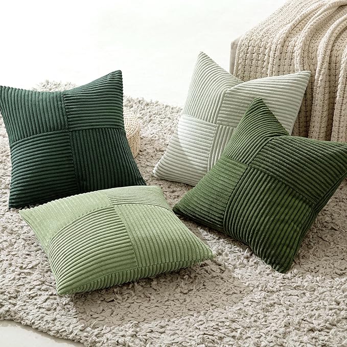 MIULEE Spring Green Decorative Throw Pillow Covers 16x16 Inch Set of 4 Boho Farmhouse Cushion Covers Mordern Nordic Pillow Cases Soft Corduroy Gradient Home Decor for Couch Sofa Living Room Bed