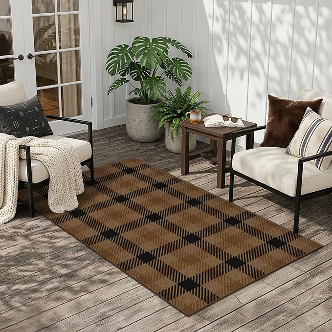 Neutral 3x6 Area Rug Indoor Entrance - Easy Jute Brown Checkered Rug for Entryway, Kitchen, Small Living Room, Earthy & Coffee Rustic Accent Décor