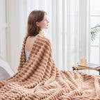 NEWCOSPLAY Super Soft Queen Blanket Taupe Premium Silky Flannel Fleece 3D Ribbed Jacquard Lightweight Bed Blanket All Season Use (Taupe Ribbed, Queen(90"x90"))
