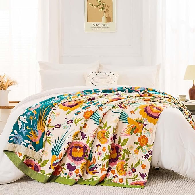 Boho Throw Blanket for Bed, 100% Cotton Soft Rustic Quilt Fall Blanket, 80" 90" Floral Printed Farmhouse Decor Bed Blankets, All Season Rustic Reversible Bohemian Throw Quilt