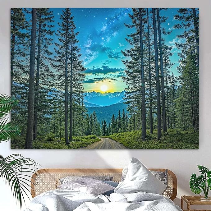Accnicc Forest Road Tapestry Green Nature Pine Tree Wall Tapestry for Bedroom Aesthetic Starry Mountain Outdoor Landscape Small Tapestries Wall Hanging for Dorm Living Room Decor 48 x 36 Inch