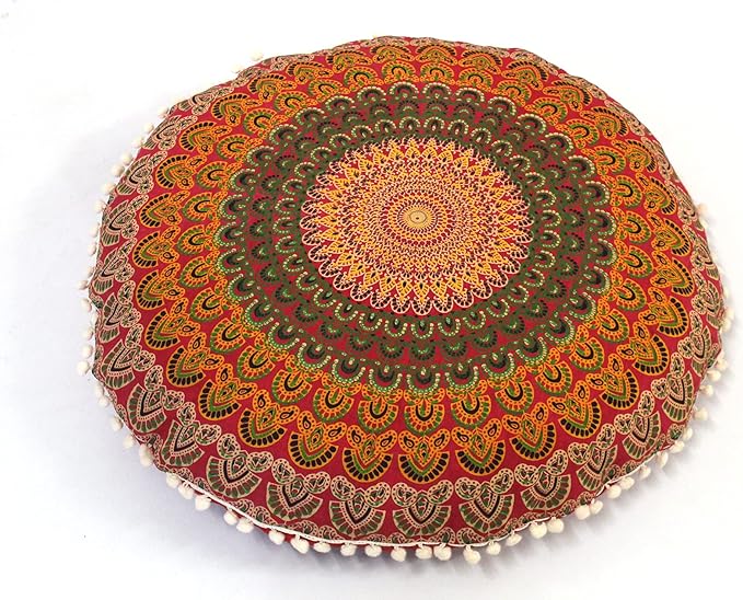 CRAFT KALA 22 Inch Round Mandala Floor Pillow Cushion Cover Seating Throw Cover Hippie Decorative Bohemian Ottoman Poufs Pom Pom Pillow Cases Boho Cotton Living Room Yoga Home Décor (Red)