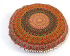 CRAFT KALA 22 Inch Round Mandala Floor Pillow Cushion Cover Seating Throw Cover Hippie Decorative Bohemian Ottoman Poufs Pom Pom Pillow Cases Boho Cotton Living Room Yoga Home Décor (Red)