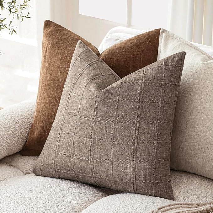 Foindtower Set of 2 Decorative Linen Check Throw Pillow Covers Neutral Farmhouse Vintage Cushion Covers Modern Boho Home Decor for Sofa Chair Couch Bedroom Living Room,26×26 Inch,Tan Taupe