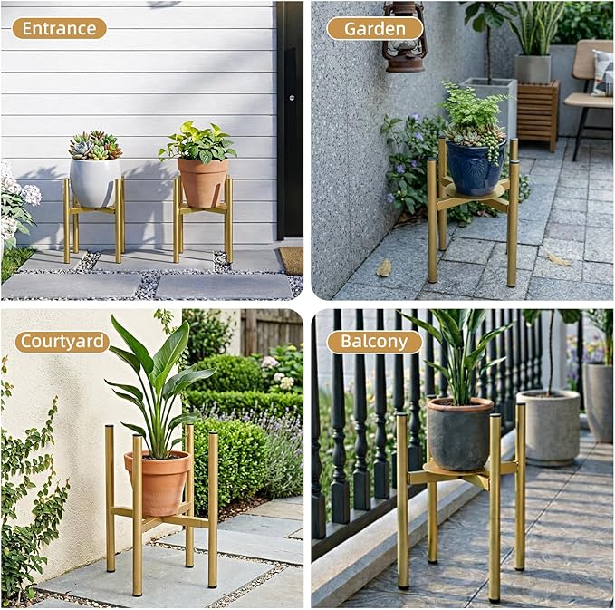 Plant Stand Indoor for 2 Height Options ,Mid Century Modern Outdoor Planter Holder,Corner plant stand Capacity of 160LB for 8 to 14 Inch Pots Golden with Round Plate 2 Pack