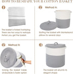 Large Storage Basket with Lid 60L, 16"Wx18"H Woven Laundry Hamper Basket with Handle, Room Decor Cotton Rope Wicker Basket Toy Organizer Bins for Clothes Blankets Pillows, Gray/White Mix includes Lid