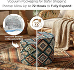 Pouf Ottoman Footrest Boho Embroidered Stuffed Round Pouf, 20" Tribal Geometric Accent Decor, Removable Cover & Firm Foam, Multifunctional, for Living Room Bedroom Vanity, Teal & Rust