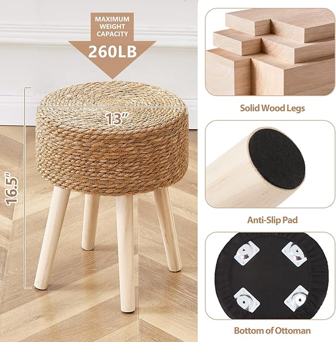 Cpintltr Round Ottoman Footstool Foot Stool Pouf Ottomans with Solid Wood Legs Hand Weave Hyacinth Footrest Step Stool for Living Room Balcony Garden Natural Seagrass