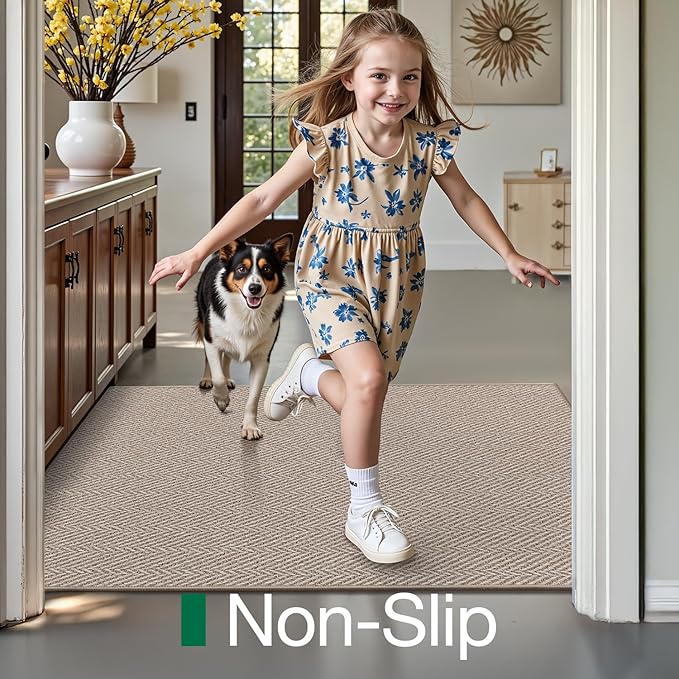 LUMI Ultra Thin Indoor Door Mat for Entrance 24"x36", Non Slip Entryway Mat, Low Profile Doormat, Unique Herringbone Design Carpet for Inside, Patio, Porch, Dark Beige