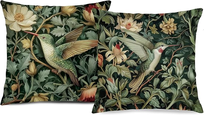 Vintage William Morris Hummingbird Pillow Cover 18x18 Set of 2,Rustic Green Hummingbird Bird Animal Floral Botanical Print Decorative Throw Pillow Covers for Home Bedroom Living Room