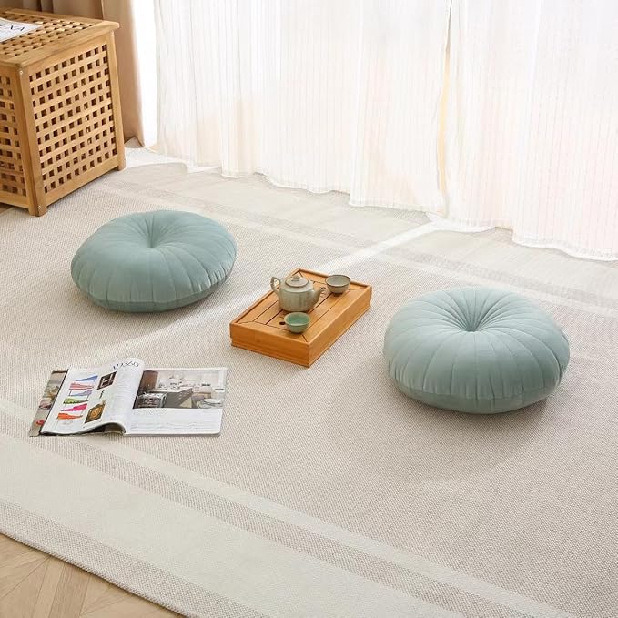 Floor Pillow Meditation Cushion Round Large Floor Pillows Seating for Adults, Velvet Thick Floor Cushions for Yoga Living Room Balcony Outdoor Tatami 18inch（Green）