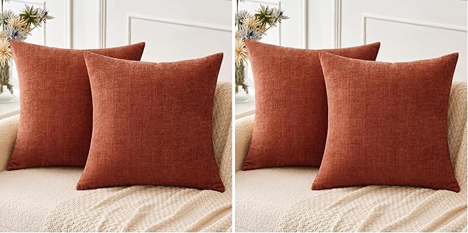 MIULEE Pack of 4 Couch Throw Pillow Covers 18x18 Inch Soft Burnt Orange Chenille Pillow Covers for Sofa Living Room Solid Dyed Pillow Cases