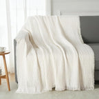 Exclusivo Mezcla Knit Throw Blanket with Fringes for Couch, Reversible Super Soft and Warm Woven Boho Throw for All Season, Home Decor, 50"x60", Ivory