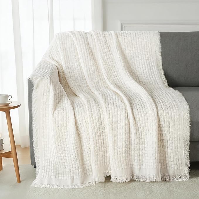 Exclusivo Mezcla Knit Throw Blanket with Fringes for Couch, Reversible Super Soft and Warm Woven Boho Throw for All Season, Home Decor, 50"x60", Ivory