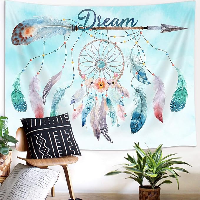 JAWO Dream Catcher Feather Tapestry, Native American Arrow Dreamcatcher Tapestry Wall Hanging for Teen Girl Bedroom, Blue Teal Bohemian Tapestries Living Room College Dorm Home Decor (71W X 60H)