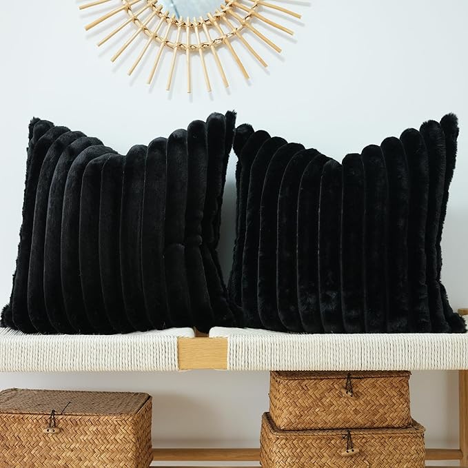 JOJUSIS Pack of 2 Faux Fur Plush Decorative Throw Pillow Covers Couch Cushion Case Soft Pillowcases (Black, 20 x 20-Inch)