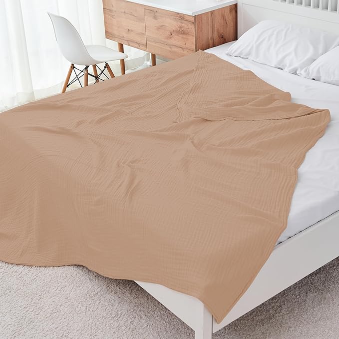 Cosy Family 6 Layer Muslin Bed Blanket - Breathable and Lightweight Gauze Boho Blanket for Spring, Soft 100% Cotton Muslin Blanket, Brown, 80x90 Inches