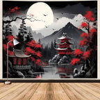Mountain Forest Nature Tapestry for Bedroom, Black and White Moon Landscape Wall Hanging, Tree Sunset Dark Large Asia Japanese Tapestries Aesthetic Anime Art Decor for Living Room College Dorm, 40x30