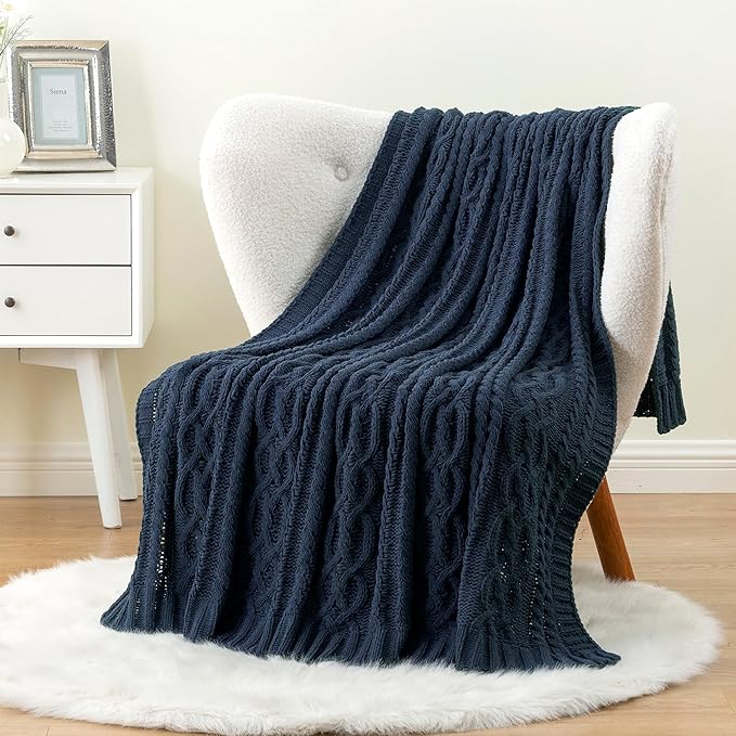 Battilo Navy BlueThrow Blanket for Couch, 51"x67", Chenille Knit Throw Blanket, Super Soft Warm Blanket, Decorative Christmas Textured Throw Blanket for Bed,Living Room