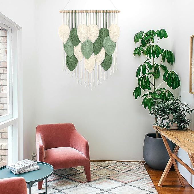 Weldomcor Macrame Wall Hanging, Boho Leaves Macrame Tapestry Wall Decor Handmade Green Woven Hanging Decor Chic Bohemian Wall Art Home Decoration for Bedroom Living Room Nursery Office 23.6"W x 29.5"L