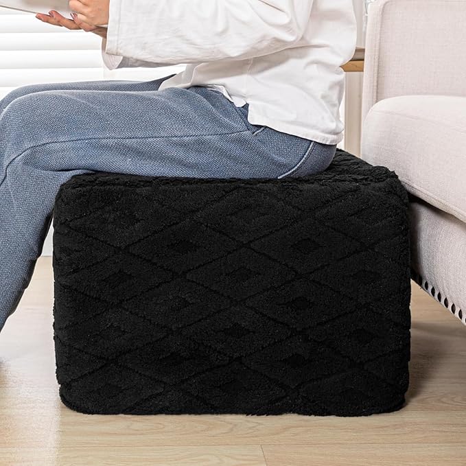 Fluffy Square Ottoman Pouf with All-in-One Foam Filling 20 x 14 Inches Furry Ottoman Foot Rest Foot Stool for Living Room or Bedroom (Black)