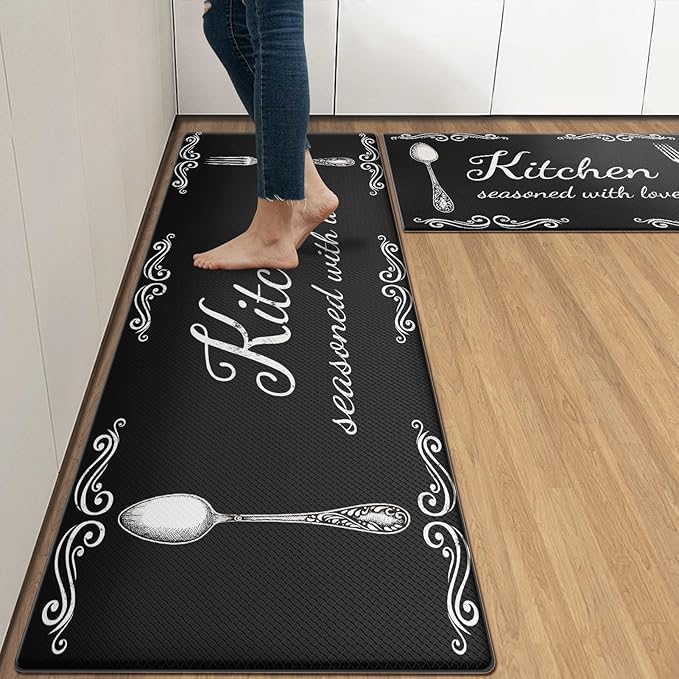 Arttown Black Anti-Fatigue Kitchen Rug Set of 2 Farmhouse Rustic Cushioned Floor Standing Mat Waterproof Non-Slip Mat and PVC Ergonomic Comfort Foam Rug