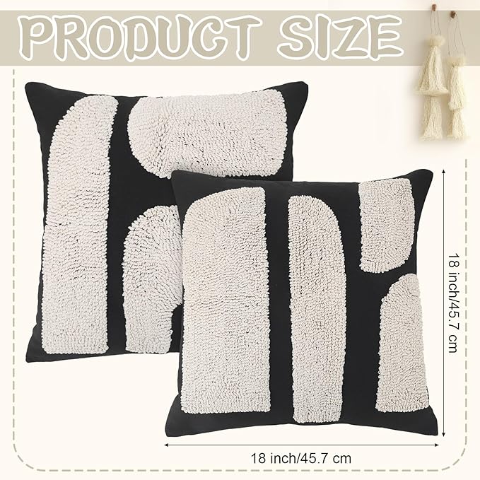 2 Pcs Black White Throw Pillow Covers Boho Chunky Tufted Pillow Cover 18 x 18 Inches Modern Woven Decorative Pillows Cases Abstract Pillows Sham for Living Room Bed Sofa Couch