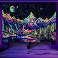 Zussun Blacklight Mountain Forest Tapestry for Bedroom Aesthetic Hippie Pine Tree River Lake Tapestries Wall Hanging Glow in The Dark Moon and Stars Wall Tapestry for Living Room Dorm 60 × 44 Inch