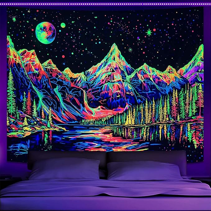 Zussun Blacklight Mountain Forest Tapestry for Bedroom Aesthetic Hippie Pine Tree River Lake Tapestries Wall Hanging Glow in The Dark Moon and Stars Wall Tapestry for Living Room Dorm 60 × 44 Inch