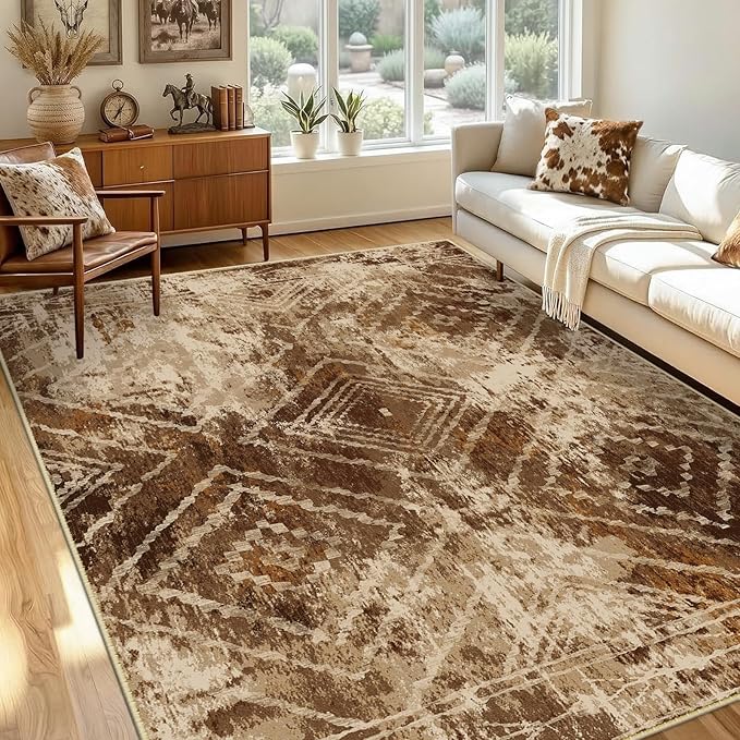 Area Rug 9x12 Rug Machine Washable Non-Slip Low Pile Print Pattern Western Rug for Living Room Bedroom Entryway Tribal Series-Abstract/Cowhide
