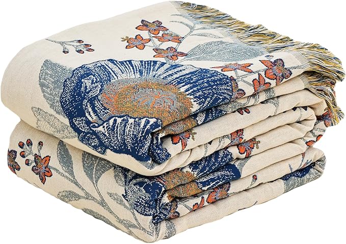 Boho Throw Blanket, 100% Organic Cotton Breathable Ultra Soft Bed Quilt Throw - All Season Floral Bird Butterfly Farmhouse Decor Blanket for Sofa Couch Chair and Gift. 60" x 80"