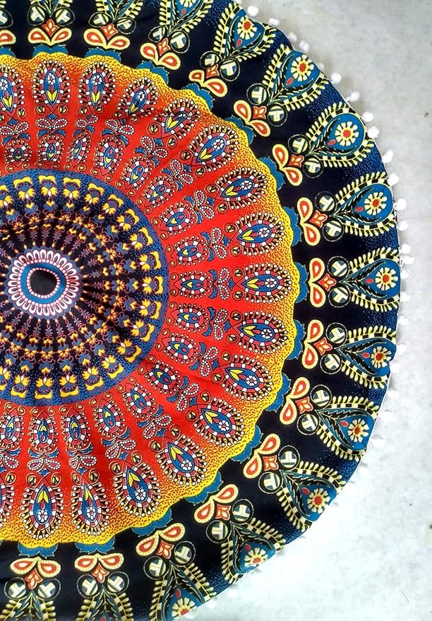 Mandala Floor Pillow Cushion Seating Throw Cover Hippie Decorative Bohemian Ottoman Poufs, Pom Pom Pillow Cases,Boho Indian (32 Inches, Multi Pigment)