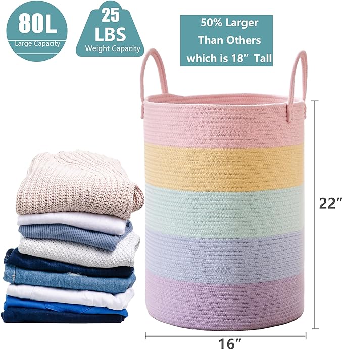 80L Extra Large Rainbow Baby Girls Hamper Laundry Basket for Kids Nursery Pastel Tall Blanket Basket for Toy Woven Rope Unicorn Clothes Hamper in Living Room Playroom Bedroom 16"D x 22"H