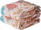 Boho Throw Blanket Twin Size, Soft Cozy Cotton Muslin Quilt Blanket for Bed Decor, Floral Patterned Couch Sofa Chair Cover, Vintage Farmhouse Cottage Tapestry Woven Blanket, Coral&Green