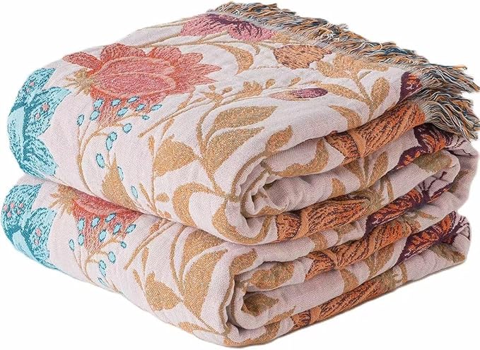Boho Throw Blanket Twin Size, Soft Cozy Cotton Muslin Quilt Blanket for Bed Decor, Floral Patterned Couch Sofa Chair Cover, Vintage Farmhouse Cottage Tapestry Woven Blanket, Coral&Green